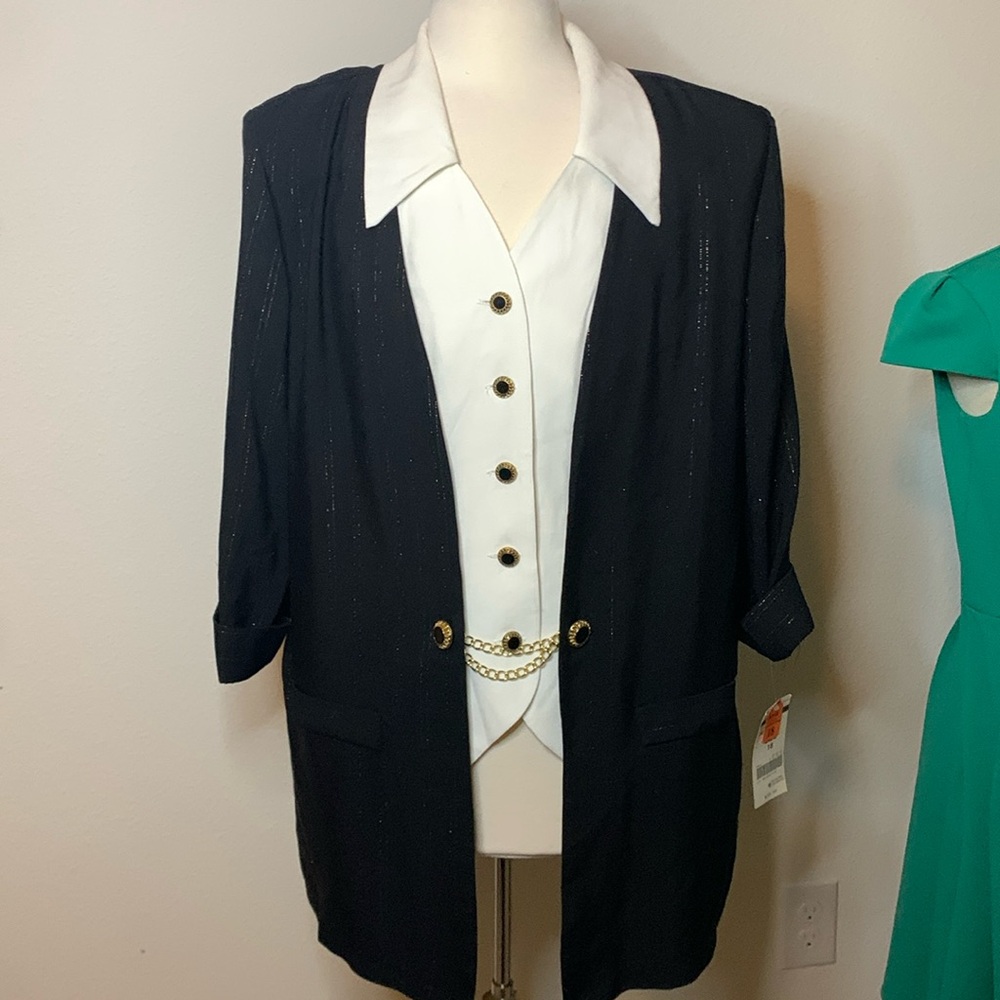Dress Savvy long black top with attached white button down vest gold tone chain